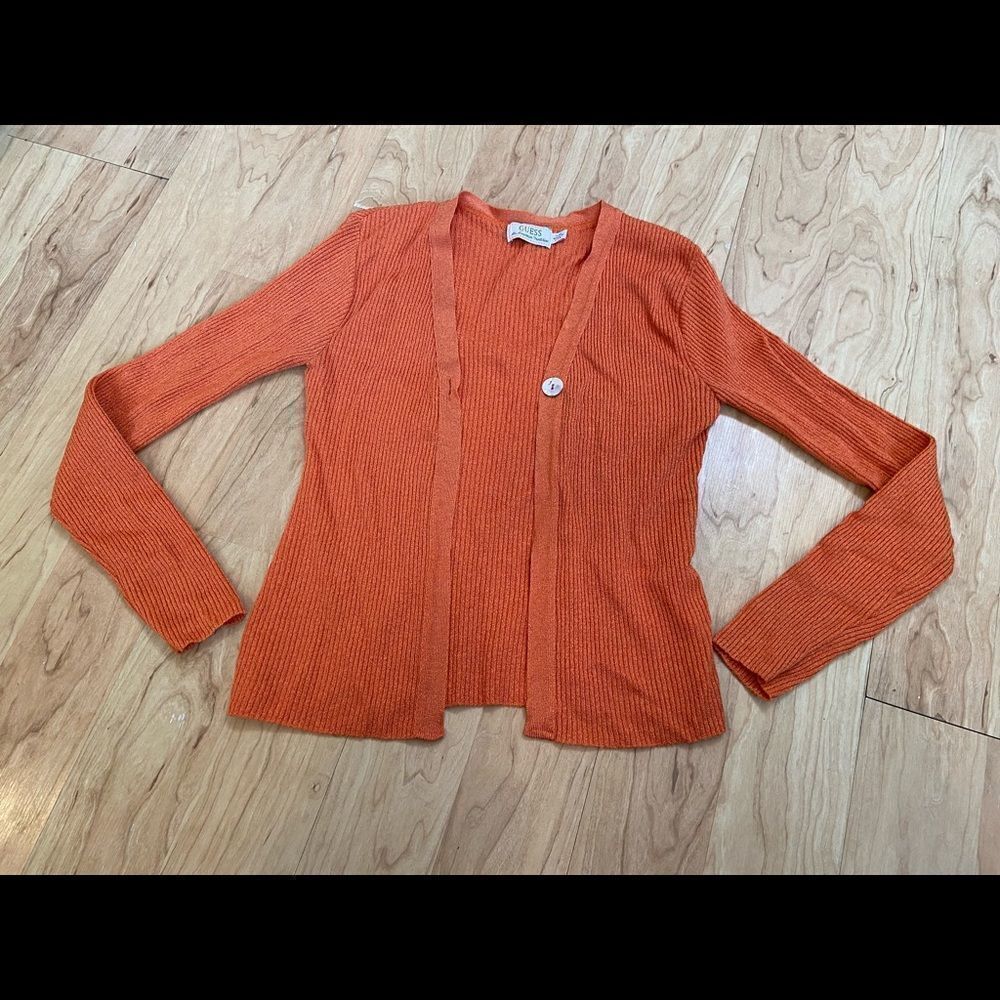 Vintage Guess orange ribbed one button cardigan.
